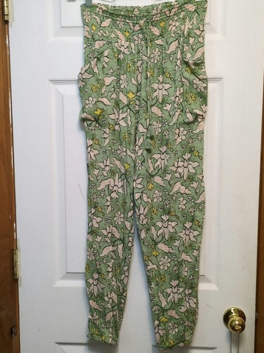 Aerie Floral Daffodil Drawstring Lounge Pants Green Pink Boho Joggers Size M Fun